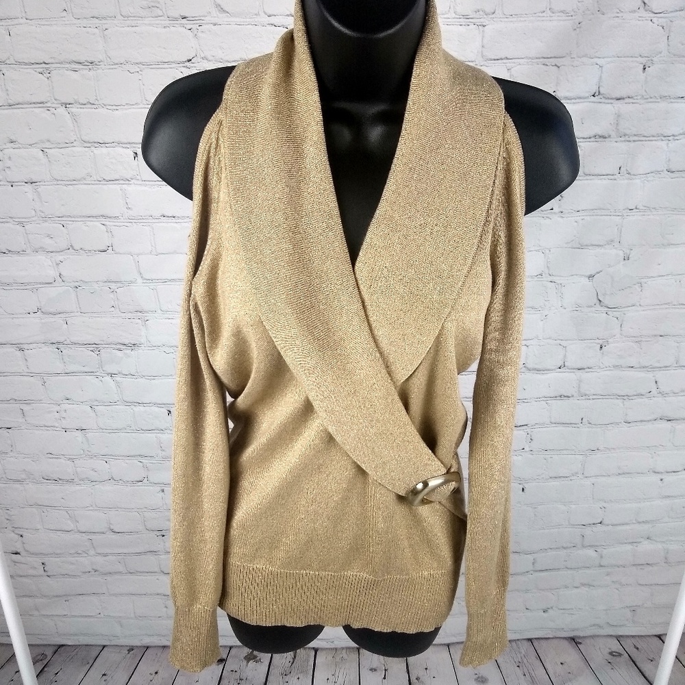 Cache Open Shoulder Gold Wrap Sweater M